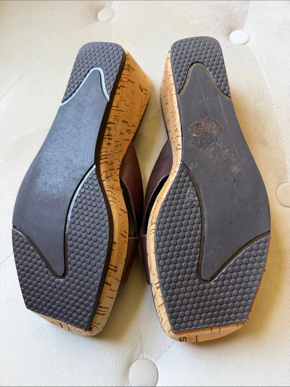 Nine West Brown Leather Cork-Textured Wedge Sandals